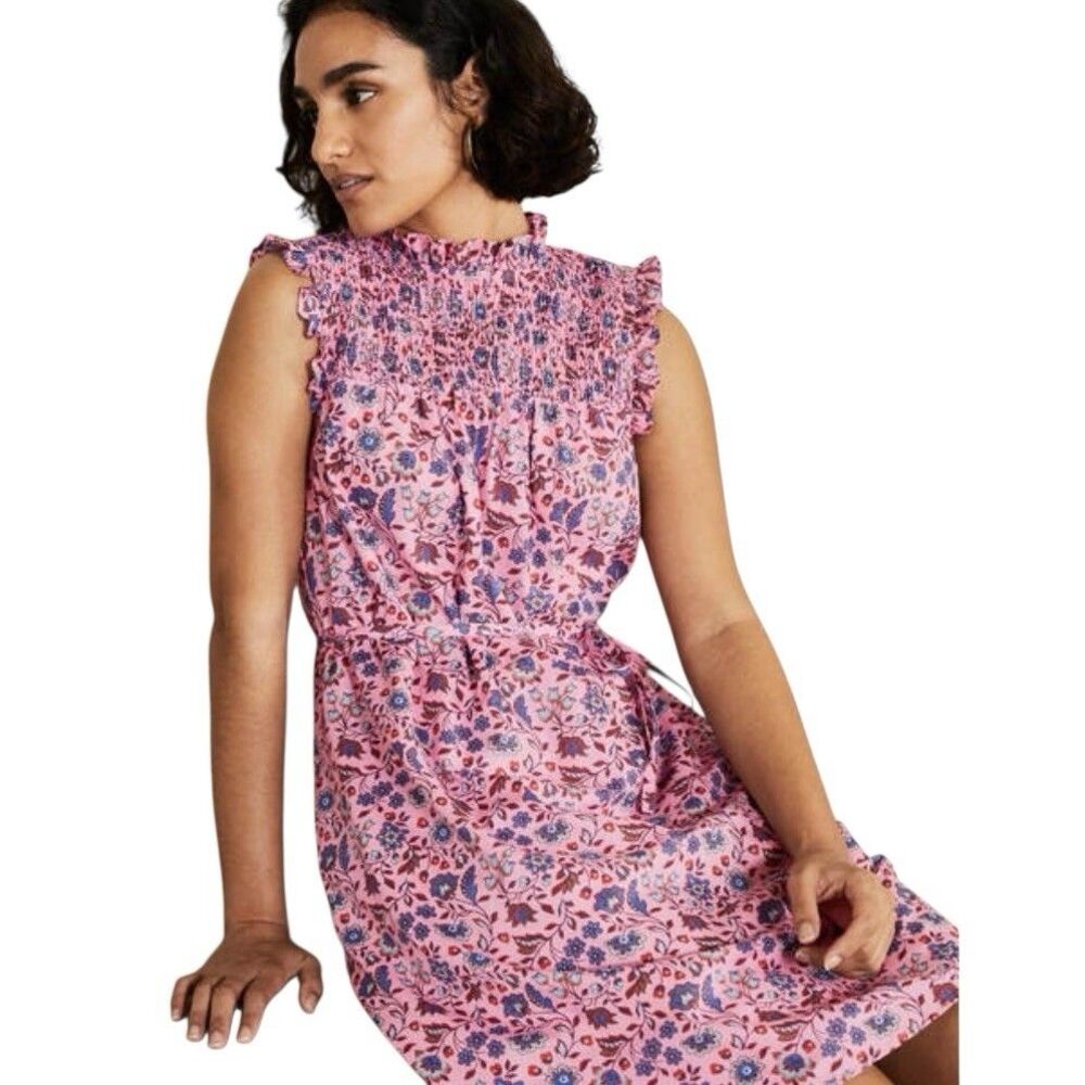 BODEN Size 6 R Floral Sleeveless Smocked Mini Dress ruffles Pink Spring summer - Picture 7 of 11